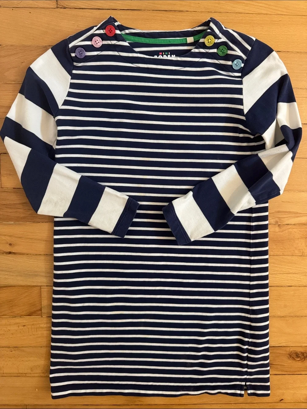 Mini Boden Navy & White Striped Long-Sleeve Tee with Rainbow Shoulder Buttons